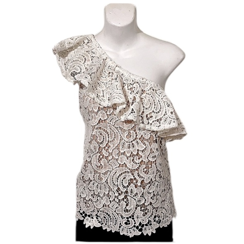 blu pepper Woman’s Lace One Shoulder Sleeveless Ruffle Cream Ivory Blouse Top